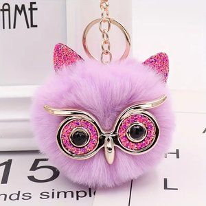 OWL Pom Pom Bag Charm Keychain Purse Purple Glasses Rhinestones Trendy Glam New